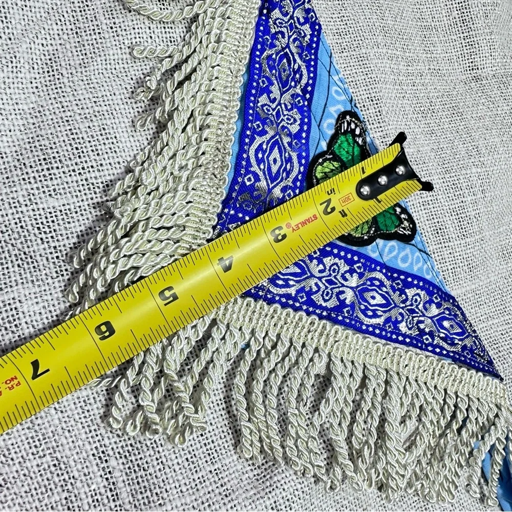 Fringe Blue Scarf, Silver Metallic Neckerchief Head Wrap 6x29 Handmade OOAK